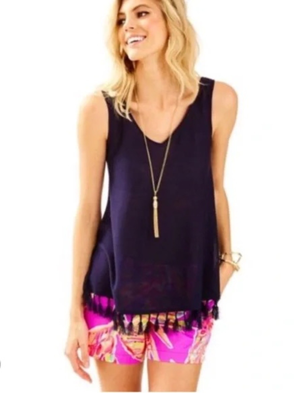 Lilly Pulitzer Navy Lindy Sweater Sleeveless Tank with Fringe Hem. Small